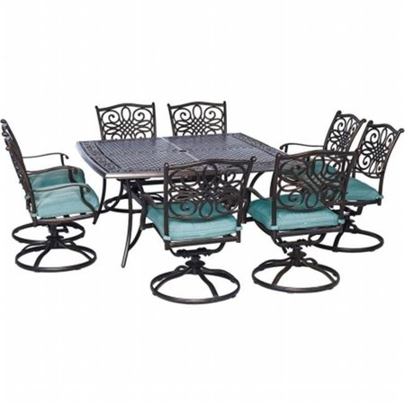 HANOVER Hanover TRAD9PCSWSQ8-BLU Traditions 9 Piece Dining Set - 60 in. Cast Table; 6 Dining Chairs; 2 Swivel Churse & Blue Cushion TRAD9PCSWSQ8-BLU